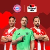 Three FC Bayern Munich players stand in front of a red background with geometric heart shapes. From left to right: Harry Kane, Jamal Musiala and Manuel Neuer. Above them are the FC Bayern Munich logo and the Doppelherz logo, indicating a brand partnership.